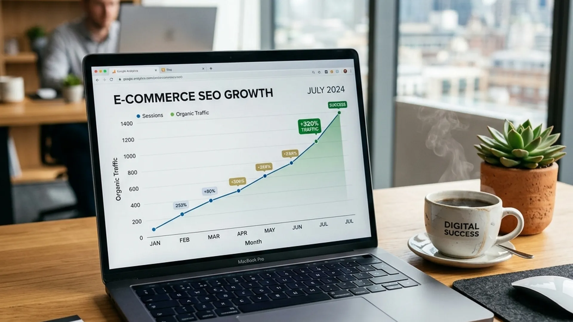 Ordinateur portable affichant une augmentation du trafic SEO pour un site e-commerce