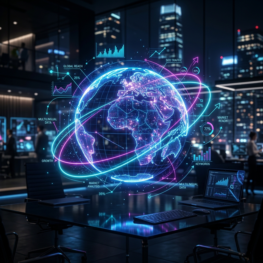 International SEO 3D concept showing a glowing earth with data streams